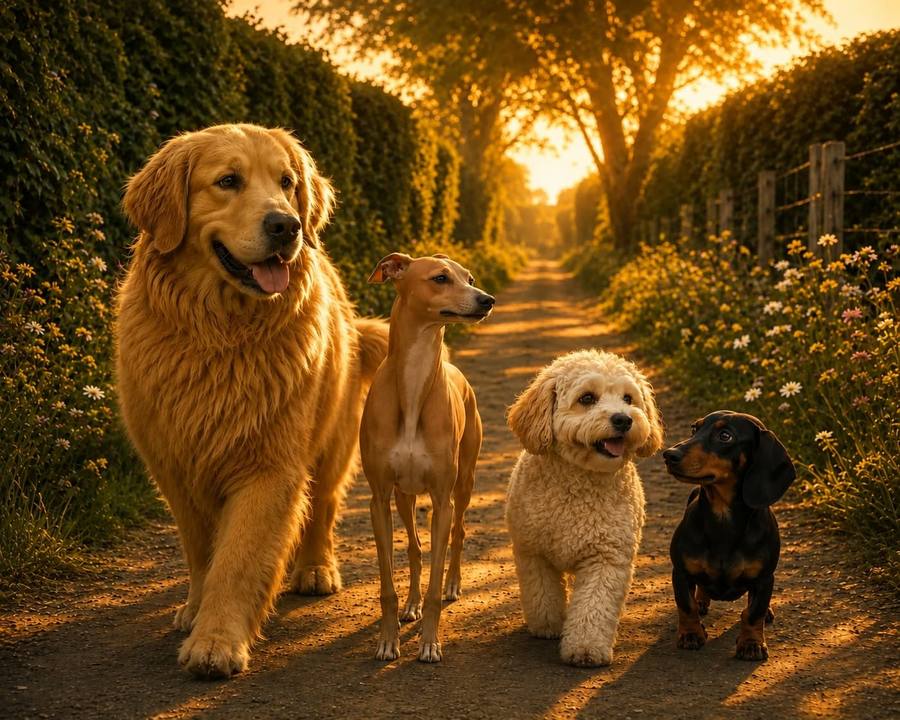 Archie, Pearl, Teddy and Mabel walking down a golden country lane at dusk