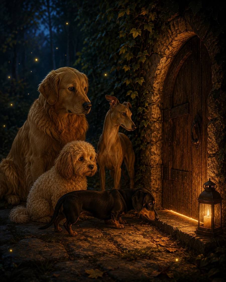 The four dogs gathered outside a secret moonlit door in the woodland