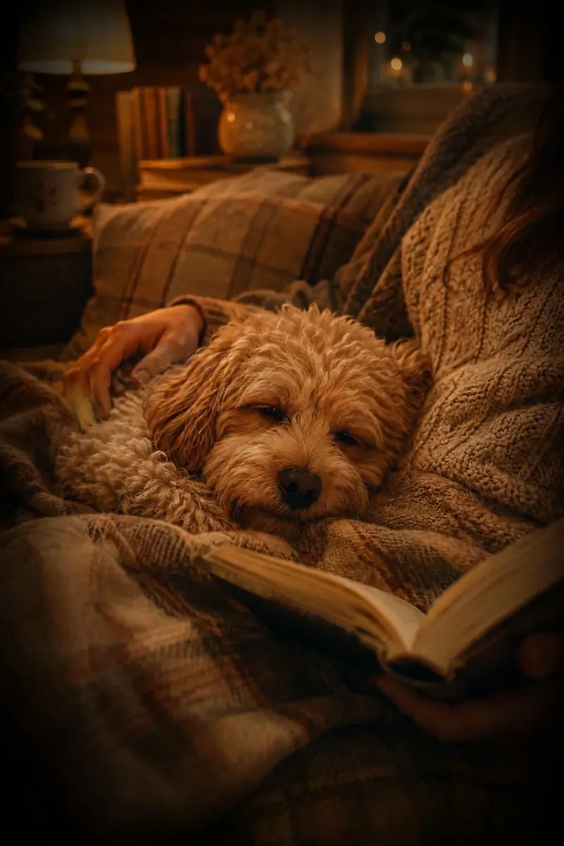 Teddy - curled up reading on the sofa